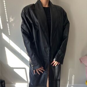 Y2k 90s Streetwear Grunge Black Goth Leather Trench Minimalist Preppy Coat Large